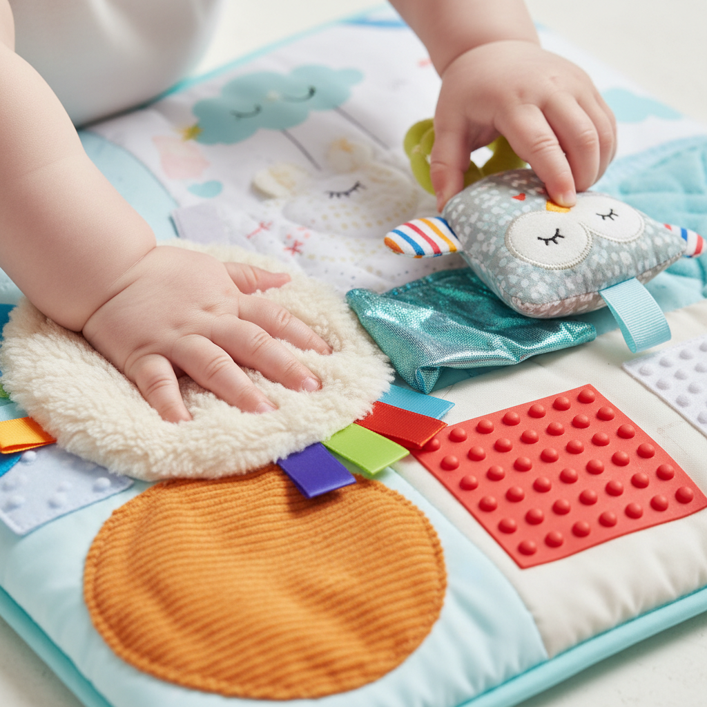 Tapis d'Éveil Sensoriel : "Tapis d'éveil sensoriel multicolore avec arches de jeu, jouets suspendus et miroir pour stimuler le développement de bébé"